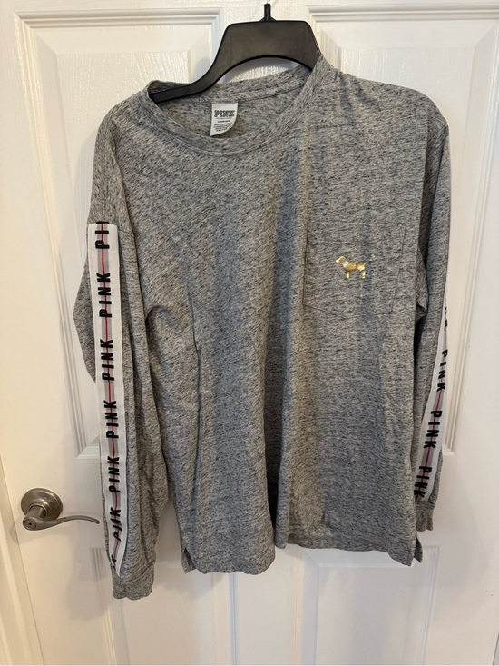 PINK Victoria's Secret Tops - PINK Victoria's Secret Heather Gray Long Sleeve Tee with Gold Dog Emblem